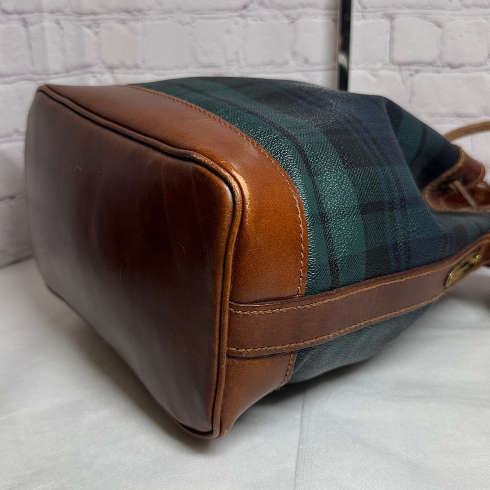 Vintage Polo Rally Lauren Plaid Brown Leather Crossbody Bucket Bag w/Luggage Tag - Picture 10 of 15